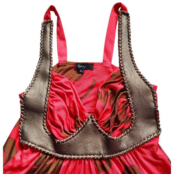 Sky 100% Silk Women's Tank Gladiator Faux Leather Bust Orange Brown Boho Sz LG - Picture 3 of 6